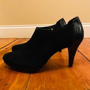 Black Suede Booties with Snake Print Heels